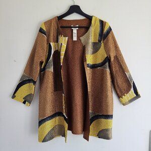 Chico's Open Front Blazer Jacket 1 / M Brown Yellow Abstract Reversible Crinkled